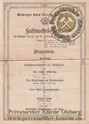 Programm der Fastnachtsfeier des Turnvereins Olsberg am 19.02.1912
