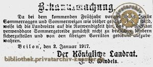 Bekanntmachung Kreis Brilon Sommerroggen und Sommerweizen 02.01.1917