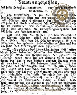 Zeitungsartikel Teuerungszahlen - Oktober 1922